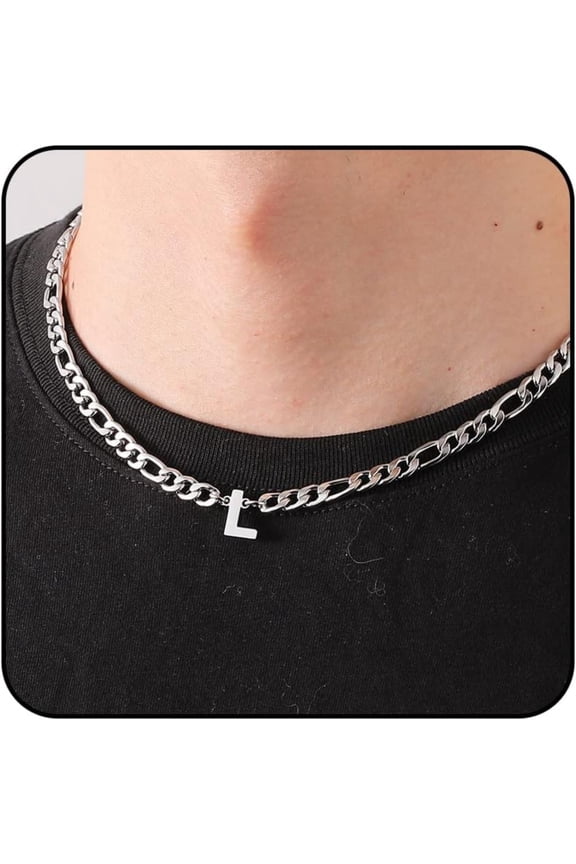 Silver Initial Necklaces for Men Boys Women Stainless Steel Figaro Letter L Pendent Chain Birthday Graduation Fathers Day Jewelry Gifts Teen Him Dad Boyfriend Adults Male Son Kids Age Ideas