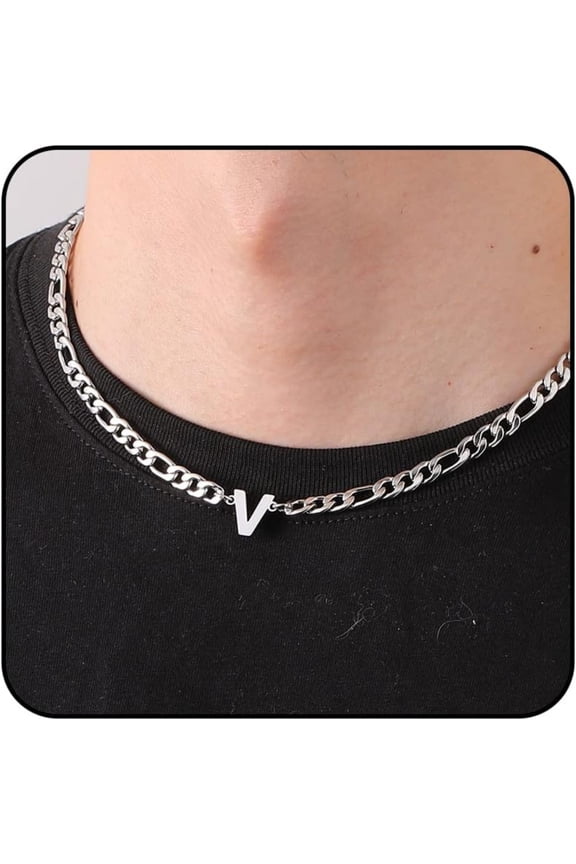 Silver Initial Necklaces for Men Boys Women Stainless Steel Figaro Letter V Pendent Chain Birthday Graduation Fathers Day Jewelry Gifts Teen Him Dad Boyfriend Adults Male Son Kids Age Ideas