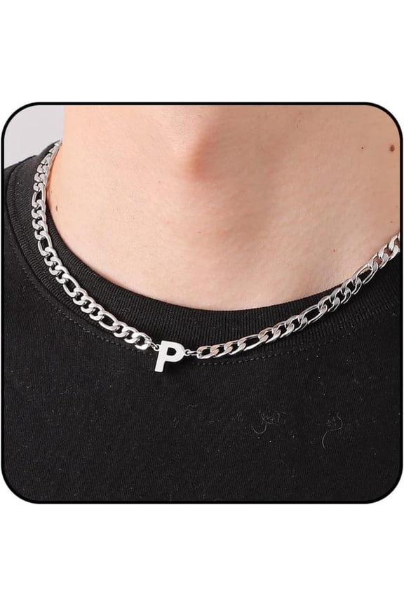 Silver Initial Necklaces for Men Boys Women Stainless Steel Figaro Letter P Pendent Chain Birthday Valentines Day Jewelry Gifts Teen Him Boyfriend Husband Adults Male Son Tween Kids Age Ideas