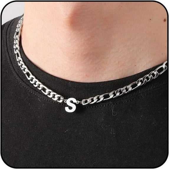 APSVO Silver Initial Necklaces for Men Boys Women Stainless Steel Figaro Letter S Pendent Chain Birthday Valentines Day Jewelry Gifts Teen Him Boyfriend Husband Adults Male Son Tween Kids Age Ideas