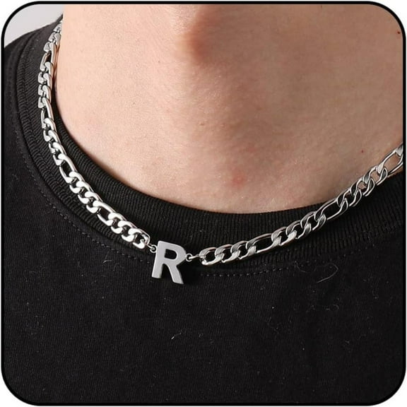 APSVO Silver Initial Necklaces for Men Boys Women Stainless Steel Figaro Letter R Pendent Chain Birthday Valentines Day Jewelry Gifts Teen Him Boyfriend Husband Adults Male Son Tween Kids Age Ideas