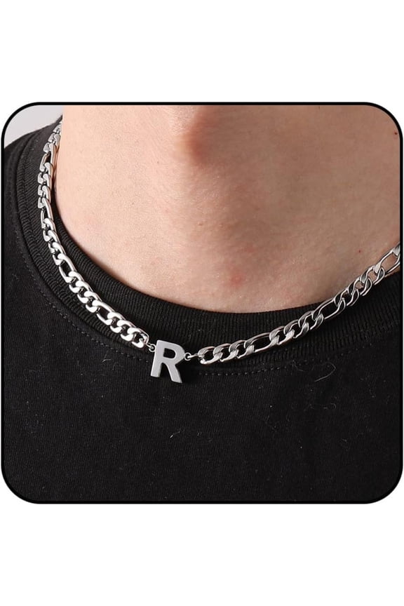 Silver Initial Necklaces for Men Boys Women Stainless Steel Figaro Letter R Pendent Chain Birthday Valentines Day Jewelry Gifts Teen Him Boyfriend Husband Adults Male Son Tween Kids Age Ideas