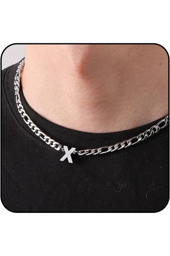 Silver Initial Necklaces for Men Boys Women Stainless Steel Figaro Letter X Pendent Chain Birthday Easter Basket Stuffers Jewelry Gifts Teen Him Boyfriend Adults Male Son Tween Kids Age Ideas