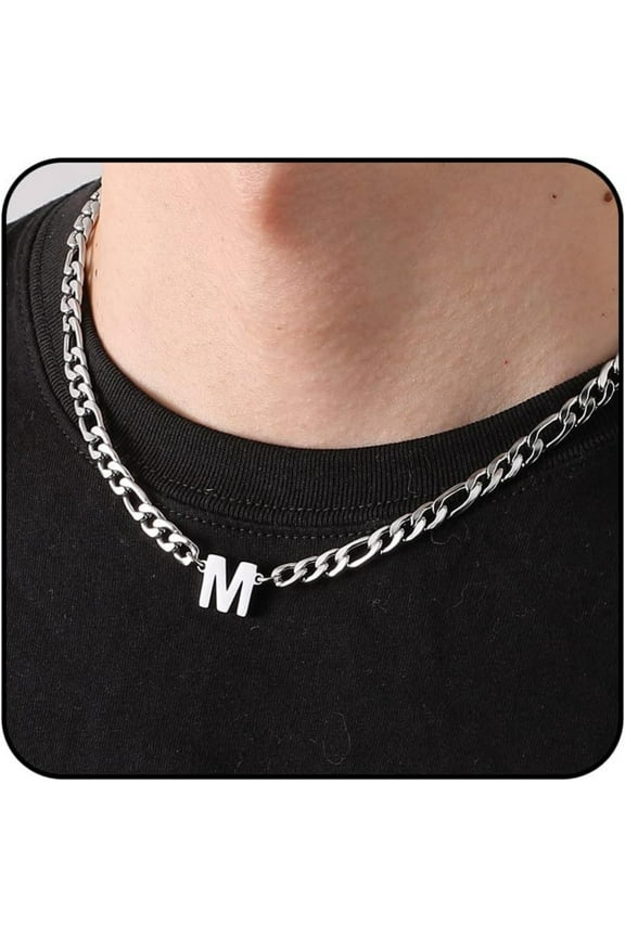 Silver Initial Necklaces for Men Boys Women Stainless Steel Figaro Letter M Pendent Chain Birthday Easter Basket Stuffers Jewelry Gifts Teen Him Boyfriend Adults Male Son Tween Kids Age Ideas