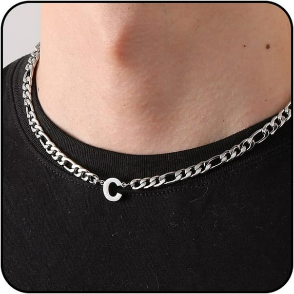 APSVO Silver Initial Necklaces for Men Boys Women Stainless Steel Figaro Letter C Pendent Chain Birthday Valentines Day Jewelry Gifts Teen Boyfriend Husband Him Adults Male Son Tween Kids Age Ideas
