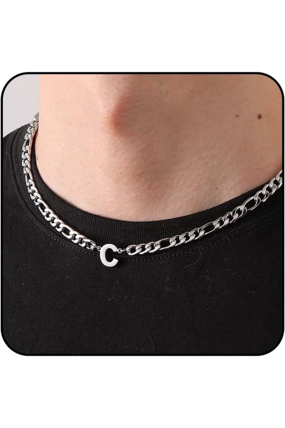 Silver Initial Necklaces for Men Boys Women Stainless Steel Figaro Letter C Pendent Chain Birthday Graduation Fathers Day Jewelry Gifts Teen Him Dad Boyfriend Adults Male Son Kids Age Ideas