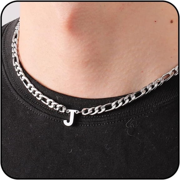 APSVO Silver Initial Necklaces for Men Boys Women Stainless Steel Figaro Letter J Pendent Chain Birthday Graduation Fathers Day Jewelry Gifts Teen Him Dad Boyfriend Adults Male Son Kids Age Ideas