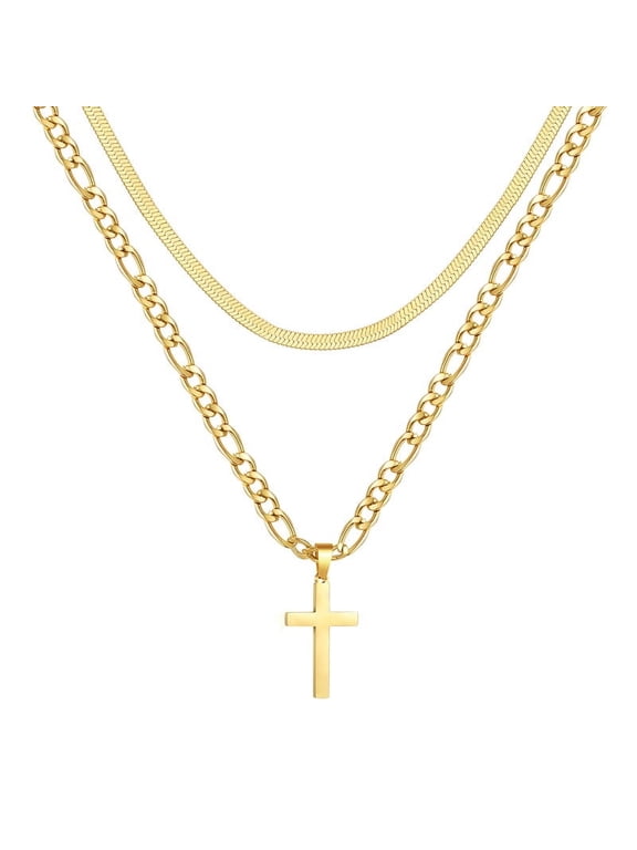 Layered Gold Cross Necklace for Men, Stainless Steel Figaro Herringbone Layering Chain Cross Pendent Necklaces Set, Christian Religious Jewelry Gifts