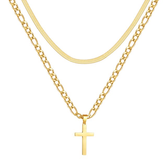 Apsvo Layered Gold Cross Necklace for Men Boys, Stainless Steel Figaro Herringbone Layering