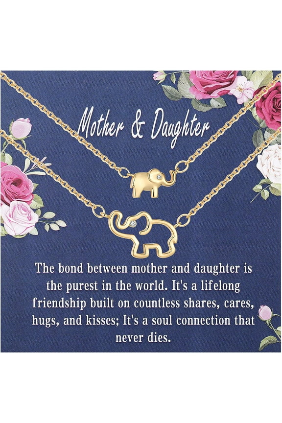 18K Gold Plated Elephant Mother Daughter Necklace Matching Jewelry Set for Women Mom Mommy Pendant Chain Accessories Stuff Age Birthday Easter Basket Stuffers Jewelry Gifts