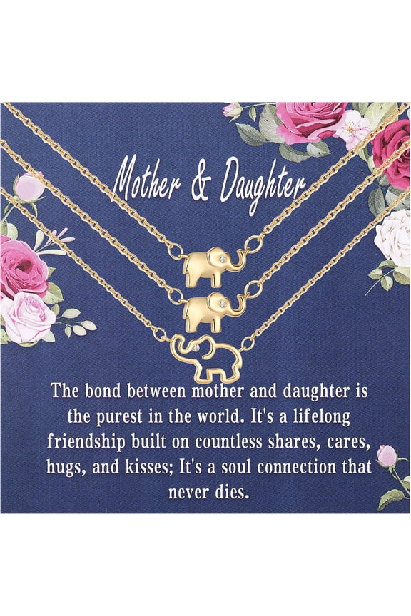 18K Gold Plated Elephant Mother Daughter Necklace Matching Jewelry Set for Women Mom Mommy Grandma Granddaughter Pendant Chain Accessories Stuff Age Birthday Valentines Day Jewelry Gifts
