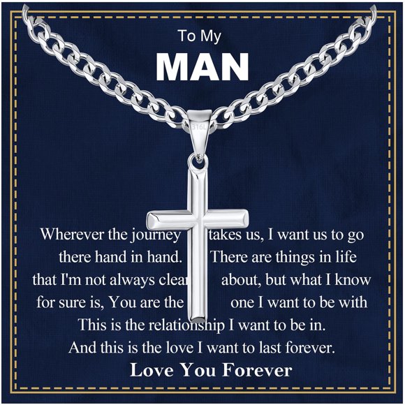 Silver Cross Necklaces for Men to My Man Gifts from Girlfriend Wife Stainless Steel Cross Pendant Chain Religious Christian Birthday Christmas Jewelry Gifts Husband Boyfriend Stocking Stuffers
