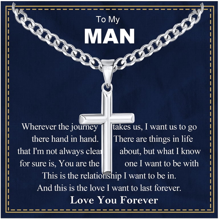 Men's Sterling Silver Cross Necklace - 22+2 Inch Stainless Steel Chain, 1.7x1 Inch Pendant, Gift Box