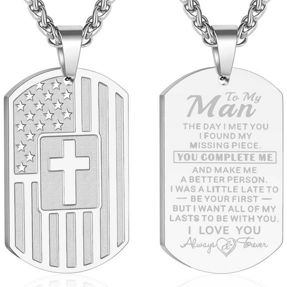 APSVO Silver Dog Tag Cross Necklaces for Men to My Man Gifts from Girlfriend Wife American Flag Pendant Chain Religious Christian Birthday Valentines Day Jewelry Gifts Him Husband Boyfriend ldeas