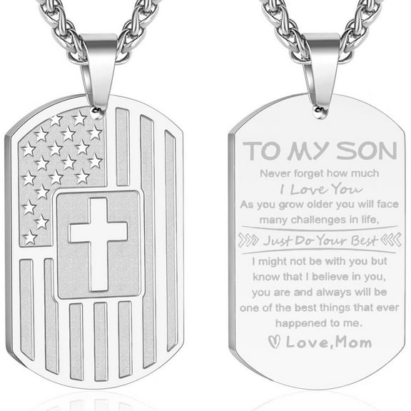 APSVO Silver Dog Tag Cross Necklaces for Men Boys to My Son Gifts from Mom American Flag Pendant Chain Catholic Christian Religious Birthday Valentines Day Jewelry Gifts Teen Him Kids Adults Ideas