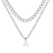 APSVO Silver Initial Letter A-Z Pendant Necklace for Men Layered Cuban Figaro Stainless Steel Personalized Chain Necklace Jewelry Christmas Valentine's Day Birthday Gift for Men