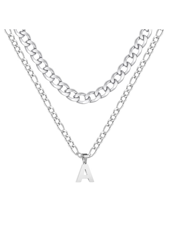 Silver Initial Necklaces for Men Stainless Steel Cuban Figaro Letter A Pendent Chain Set Birthday Graduation Fathers Day Jewelry Gifts Teen Him Dad Boyfriend Husband Adults Son Tween Age Ideas
