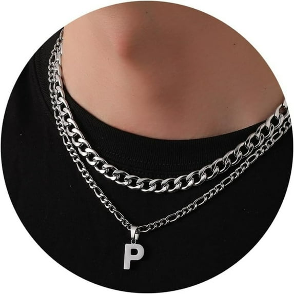APSVO Silver Initial Necklaces for Men Stainless Steel Cuban Figaro Letter P Pendent Chain Set Birthday Valentines Day Jewelry Gifts Teen Him Boyfriend Husband Adults Male Son Tween Age Ideas