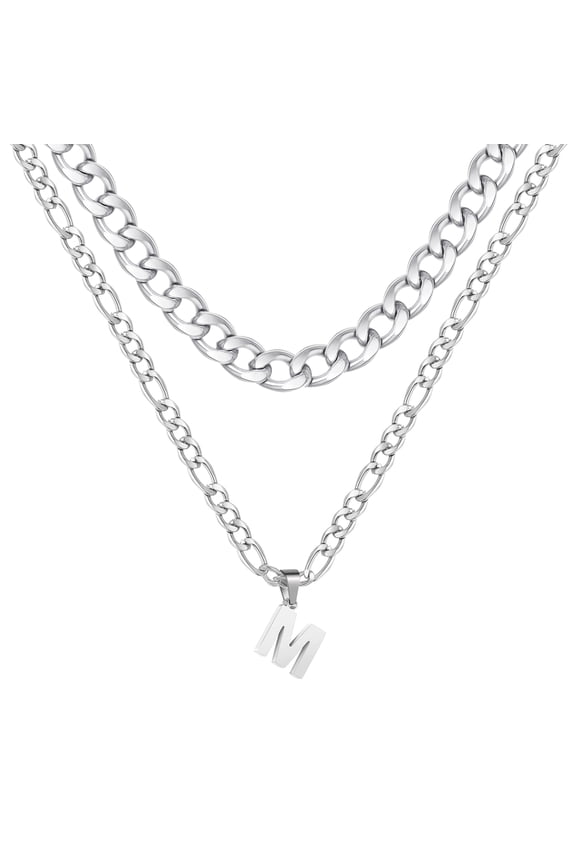 Silver Initial Necklaces for Men Stainless Steel Cuban Figaro Letter M Pendent Chain Set Birthday Easter Basket Stuffers Jewelry Gifts Teen Him Boyfriend Husband Adults Male Son Tween Age Ideas