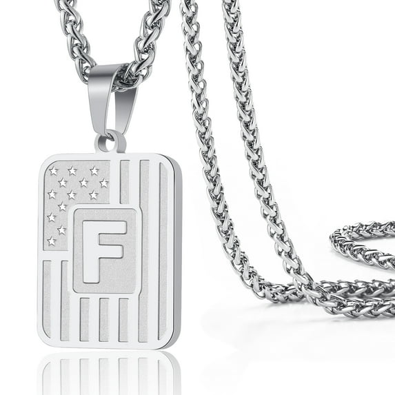 Apsvo Silver Initial Necklaces for Men Women Son Boyfriend Stainless Steel American Flag Stars Dog Tag Name Alphabet Letter Pendant Necklace Birthday Christmas Gift Jewelry 20+2 Inch Chain