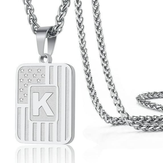 Apsvo Silver Initial Necklaces for Men Women Son Boyfriend Stainless Steel American Flag Stars Dog Tag Name Alphabet Letter Pendant Necklace Birthday Christmas Gift Jewelry 20+2 Inch Chain