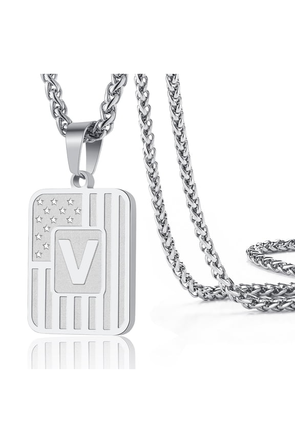 Silver Initial Necklaces for Men Women Son Boyfriend Stainless Steel American Flag Stars Dog Tag Name Alphabet Letter Pendant Necklace Birthday Christmas Gift Jewelry 20+2 Inch Chain