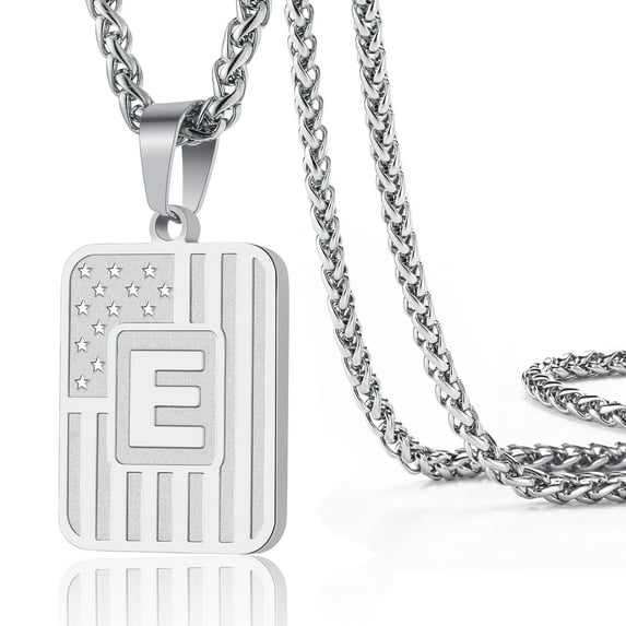 Apsvo Silver Initial Necklaces for Men Women Son Boyfriend Stainless Steel American Flag Stars Dog Tag Name Alphabet Letter Pendant Necklace Birthday Christmas Gift Jewelry 20+2 Inch Chain