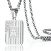 APSVO Silver Initial Necklaces for Men Women Son Boyfriend Stainless Steel American Flag Stars Dog Tag Name Alphabet Letter Pendant Necklace Birthday Christmas Gift Jewelry 20+2 Inch Chain