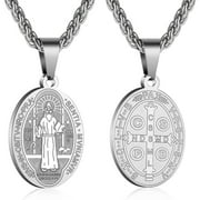 APSVO Silver Saint St Benedict Necklaces for Men Boys Stainless Steel Medal Pendant Chain Christian Religious Catholic Birthday First Communion Graduation Fathe