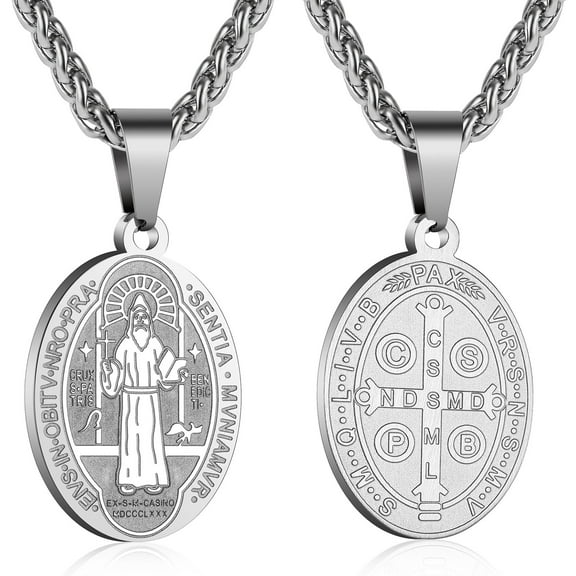 APSVO Silver Saint St Benedict Necklaces for Men Boys Stainless Steel Medal Pendant Chain Christian Religious Catholic Birthday Valentines Day Jewelry Gifts Teen Him Husband Dad Adults Kids Age Ideas