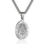 APSVO Silver Saint St Francis Necklaces for Men Boys Stainless Steel Medal Pendant Chain Christian Religious Catholic Birthday First Communion Graduation Father