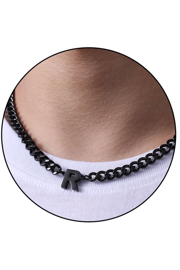 Black Initial Necklaces for Men Boys Women Stainless Steel Cuban Letter R Pendent Chain Birthday Easter Basket Stuffers Jewelry Gifts Teen Him Boyfriend Adults Male Son Tween Kids Age Ideas