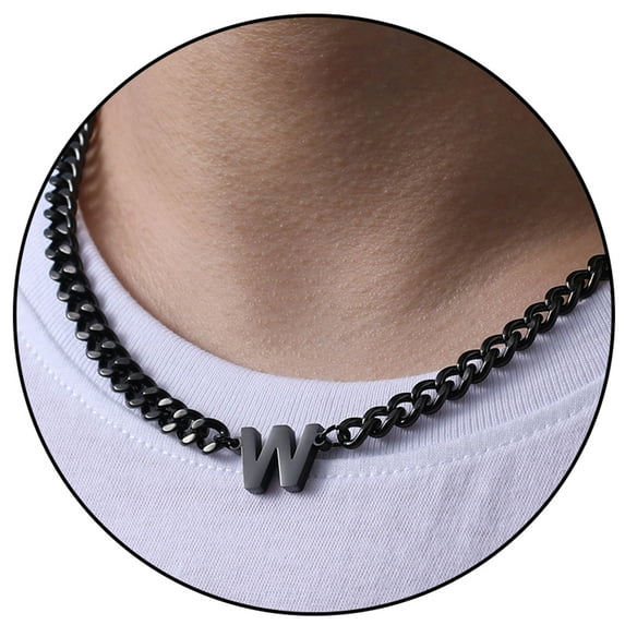 APSVO Black Initial Necklaces for Men Boys Women Stainless Steel Cuban Letter W Pendent Chain Birthday Easter Basket Stuffers Jewelry Gifts Teen Him Boyfriend Adults Male Son Tween Kids Age Ideas