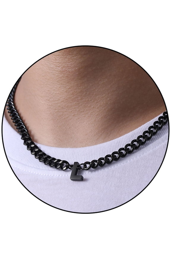 Black Initial Necklaces for Men Boys Women Stainless Steel Cuban Letter L Pendent Chain Birthday Valentines Day Jewelry Gifts Teen Him Boyfriend Husband Adults Male Son Tween Kids Age Ideas