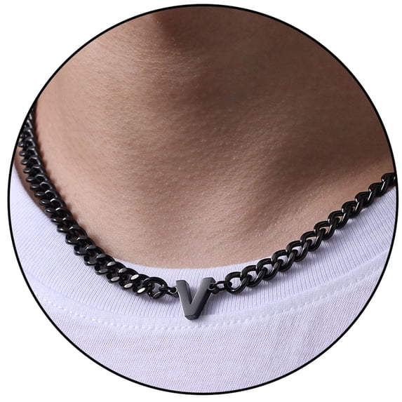 APSVO Black Initial Necklaces for Men Boys Women Stainless Steel Cuban Letter V Pendent Chain Birthday Graduation Fathers Day Jewelry Gifts Teen Him Dad Boyfriend Adults Male Son Tween Kids Age Ideas