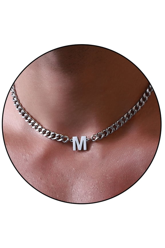 Silver Initial Necklaces for Men Boys Women Stainless Steel Cuban Letter M Pendent Chain Birthday Valentines Day Jewelry Gifts Teen Him Boyfriend Husband Adults Male Son Tween Kids Age Ideas