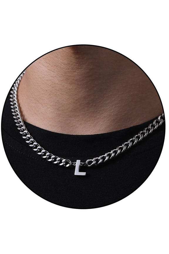 Silver Initial Necklaces for Men Boys Women Stainless Steel Cuban Letter L Pendent Chain Birthday Valentines Day Jewelry Gifts Teen Him Boyfriend Husband Adults Male Son Tween Kids Age Ideas