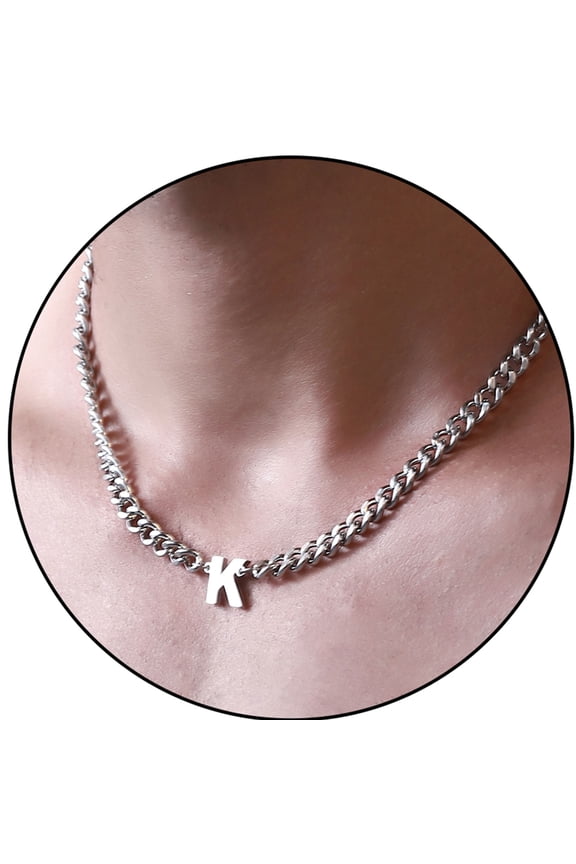 Silver Initial Necklaces for Men Boys Women Stainless Steel Cuban Letter K Pendent Chain Birthday Valentines Day Jewelry Gifts Teen Him Boyfriend Husband Adults Male Son Tween Kids Age Ideas