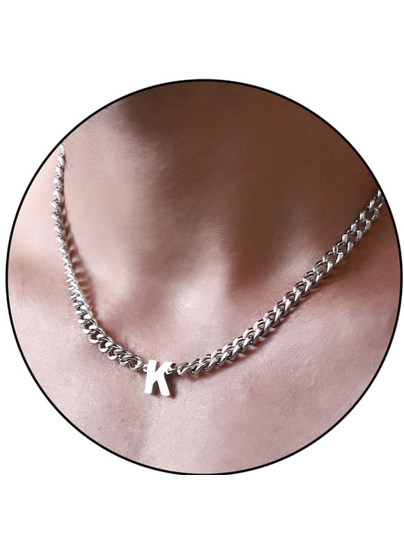 Silver Initial Necklaces for Men Boys Women Stainless Steel Cuban Letter K Pendent Chain Birthday Valentines Day Jewelry Gifts Teen Him Boyfriend Husband Adults Male Son Tween Kids Age Ideas
