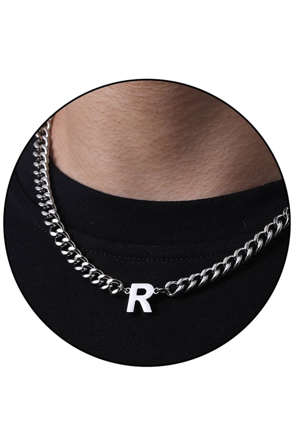 Silver Initial Necklaces for Men Boys Women Stainless Steel Cuban Letter R Pendent Chain Birthday Valentines Day Jewelry Gifts Teen Him Boyfriend Husband Adults Male Son Tween Kids Age Ideas