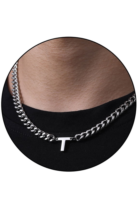 Silver Initial Necklaces for Men Boys Women Stainless Steel Cuban Letter T Pendent Chain Birthday Valentines Day Jewelry Gifts Teen Him Boyfriend Husband Adults Male Son Tween Kids Age Ideas