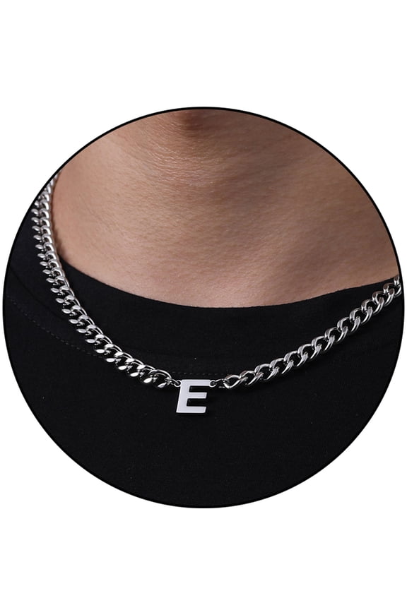 Silver Initial Necklaces for Men Boys Women Stainless Steel Cuban Letter E Pendent Chain Birthday Valentines Day Jewelry Gifts Teen Him Boyfriend Husband Adults Male Son Tween Kids Age Ideas