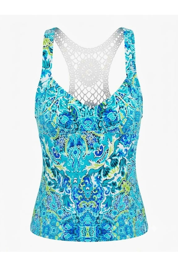 Apt 9 Blue Lagoon Crochet Racerback Ikat Pattern Tankini Top Swimwear Women's Small