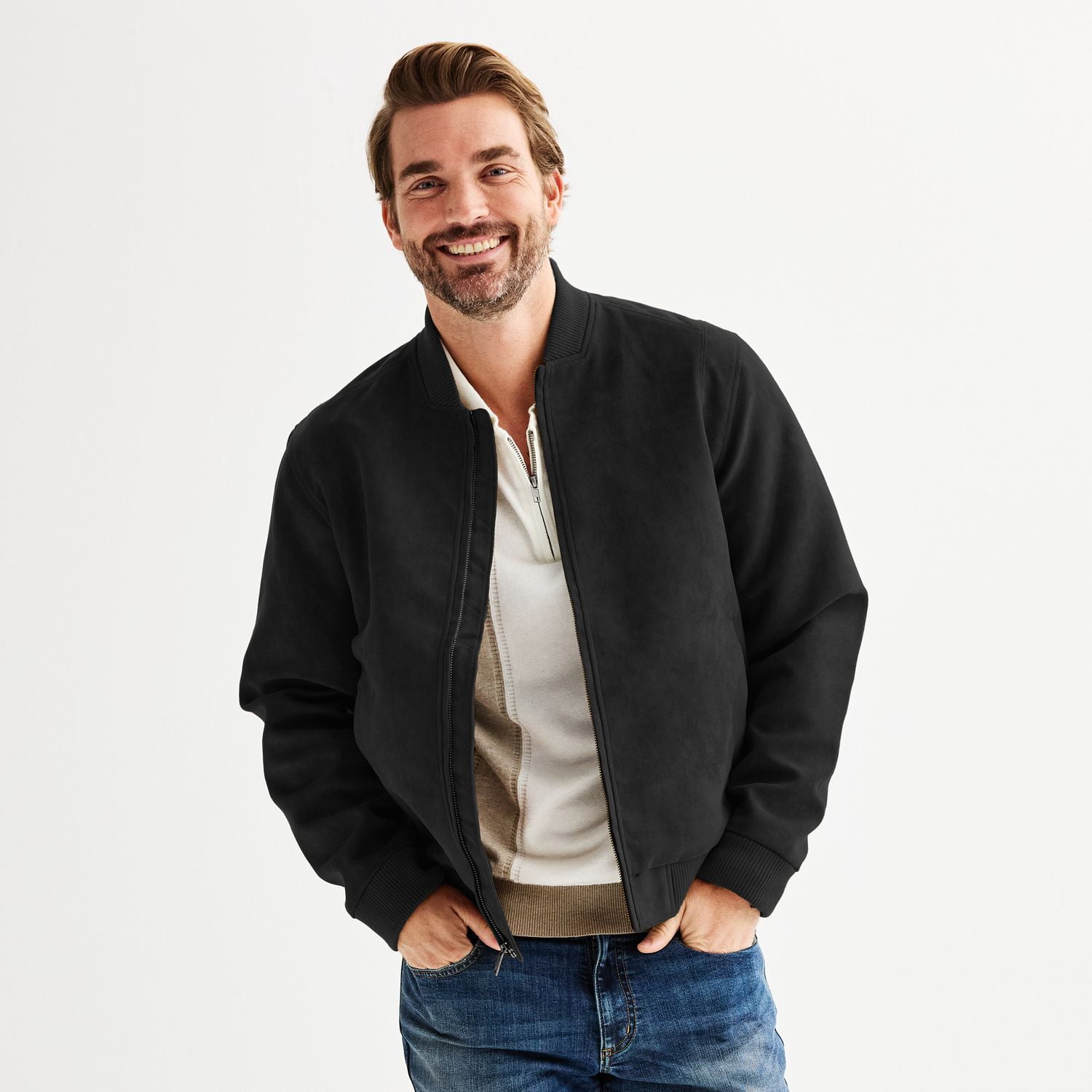 Apt. 9® Men's Faux Suede Bomber Jacket Color: Mineral Black Size