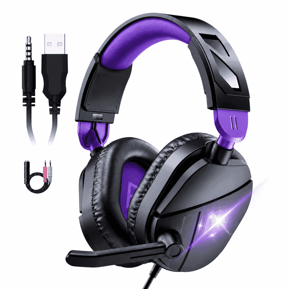 Gaming Headsets with Noise Cancelling Microphone, Xbox One & PS5 PS4 Headphones, High-Quality Stereo Sound, LED Light, Soft Memory Earmuffs for Ultimate Comfort, Wired over-Ear Headset for PC, Laptop
