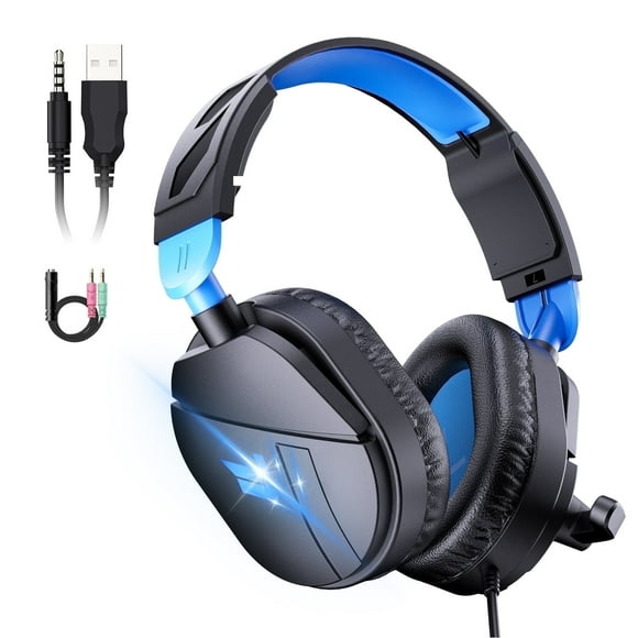Gaming Headsets with Noise Cancelling Microphone, Xbox One & PS5 PS4 Headphones, High-Quality Stereo Sound, LED Light, Soft Memory Earmuffs for Ultimate Comfort, Wired Over-Ear Headset for PC, Laptop