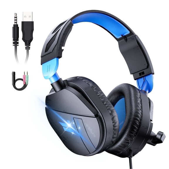 Gaming Headsets with Noise Cancelling Microphone, Xbox One & PS5 PS4 Headphones, High-Quality Stereo Sound, LED Light, Soft Memory Earmuffs for Ultimate Comfort, Wired Over-Ear Headset for PC, Laptop