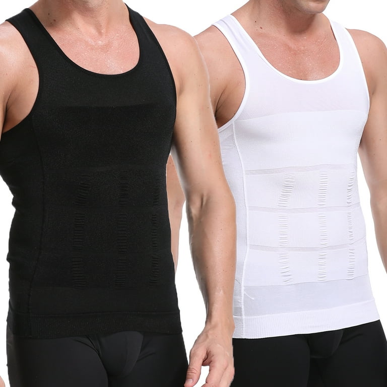Aptoco 2 pcs Men Compression Shirt Slimming Body Shaper Vest Shirt Tummy  Control Shapewear Abdomen Slim Undershirt, Black+White, Christmas Gifts