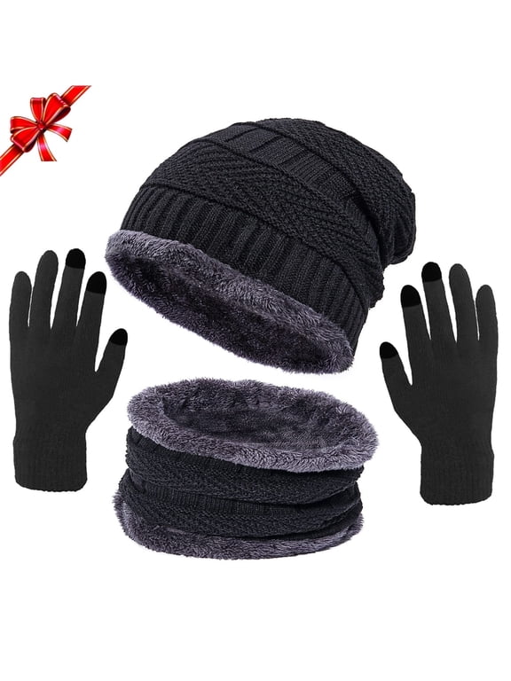 3 Pcs Winter Beanie Hat Scarf Touchscreen Gloves Set for Men and Women, Beanie Cap Gloves Neck Warmer with Warm Knit Fleece Lined, Christmas Gift, Black