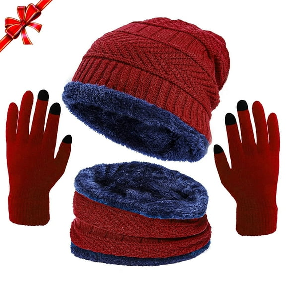 APTOCO 3 Pcs Winter Beanie Hat Scarf Touchscreen Gloves Set for Men and Women, Beanie Cap Gloves Neck Warmer with Warm Knit Fleece Lined, Christmas Gift, Red